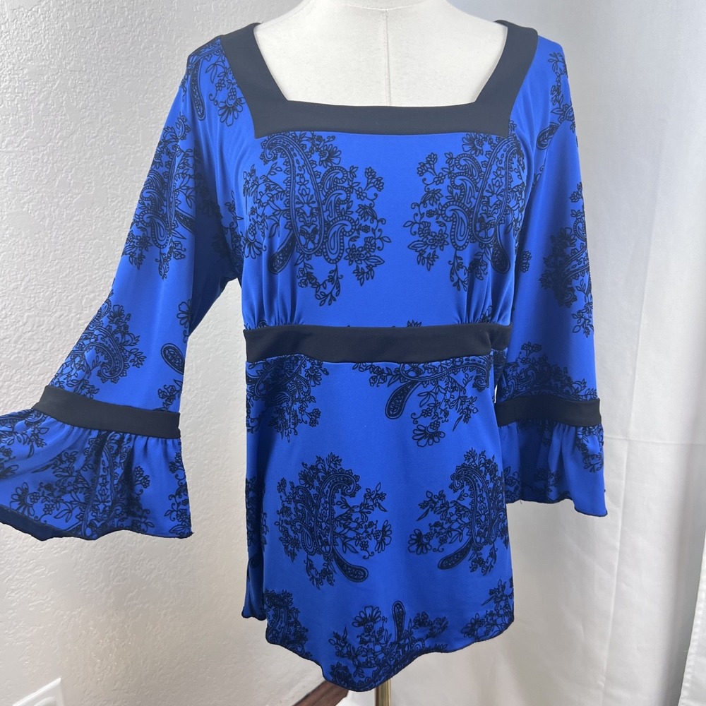 Y2K Velvet Burnout Top Womens 14/16 Blue Paisley Boho Whimsigoth Fairygrunge